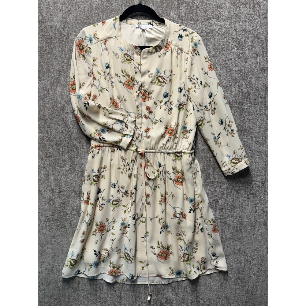 DR2 Floral Mini Dress Womens Cream Long Sleeve Tie Waist Lined Size M